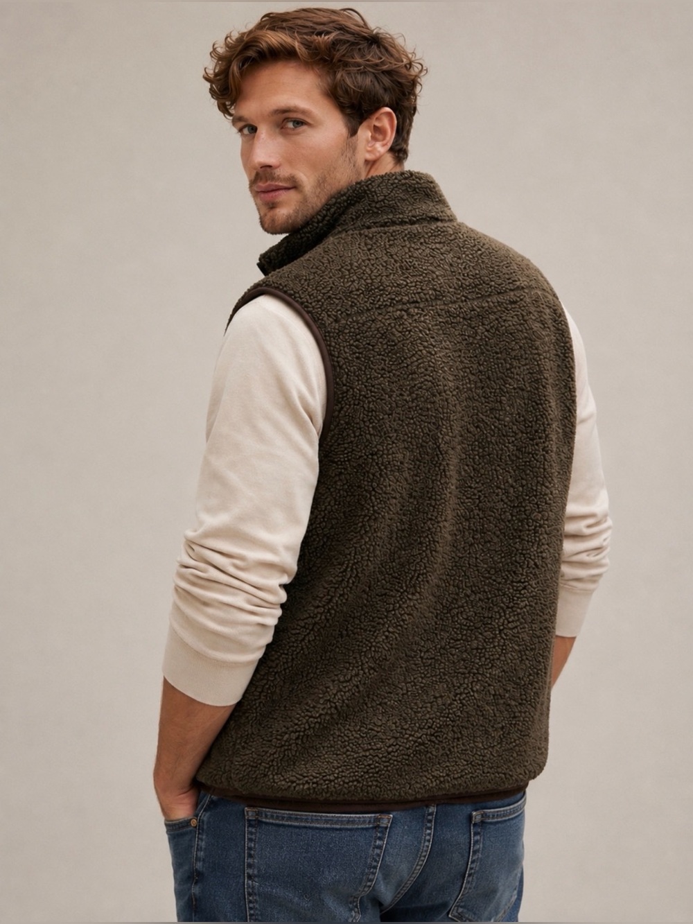 J.Crew Sherpa Fleece Vest Brown Nylon Pocket Full Zip Outdoor Gorpcore Mens Med